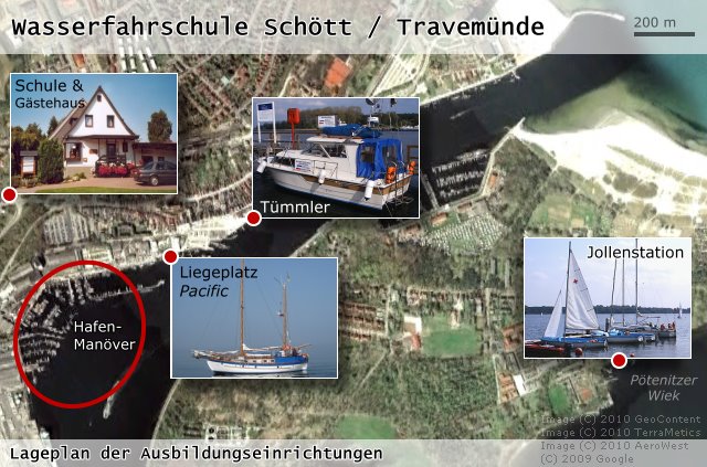 Wasserfahrschule Travemünde - Lageplan der Ausbildungseinrichtungen: Pension und Gästehaus, Liegeplatz Motorboot Tümmler, Liegeplatz Colin Archer Pacific, Jollenstation